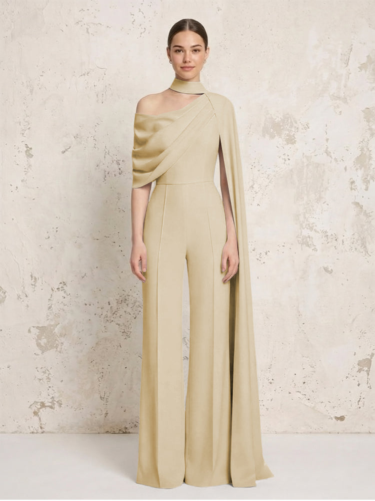 Satin Chiffon Jumpsuit Asymmetric Neck Long Evening Jumpsuit with Sash