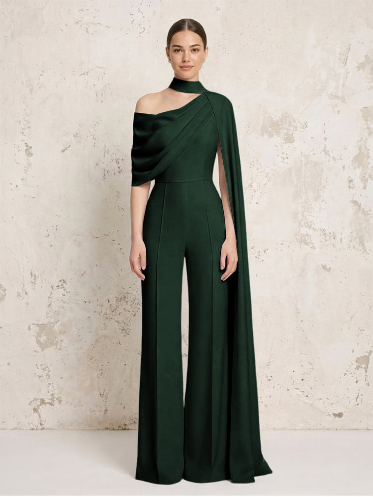 Satin Chiffon Jumpsuit Asymmetric Neck Long Evening Jumpsuit with Sash