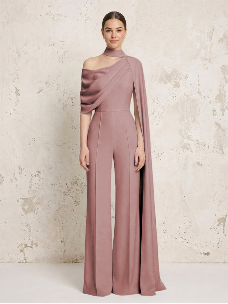 Satin Chiffon Jumpsuit Asymmetric Neck Long Evening Jumpsuit with Sash