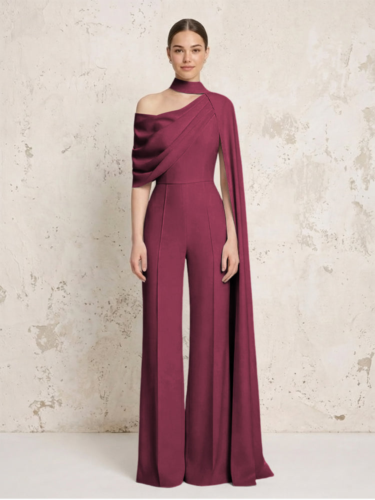 Satin Chiffon Jumpsuit Asymmetric Neck Long Evening Jumpsuit with Sash