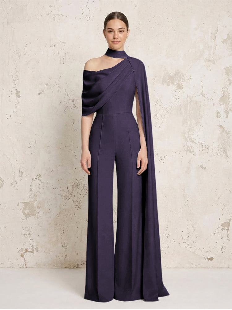 Satin Chiffon Jumpsuit Asymmetric Neck Long Evening Jumpsuit with Sash