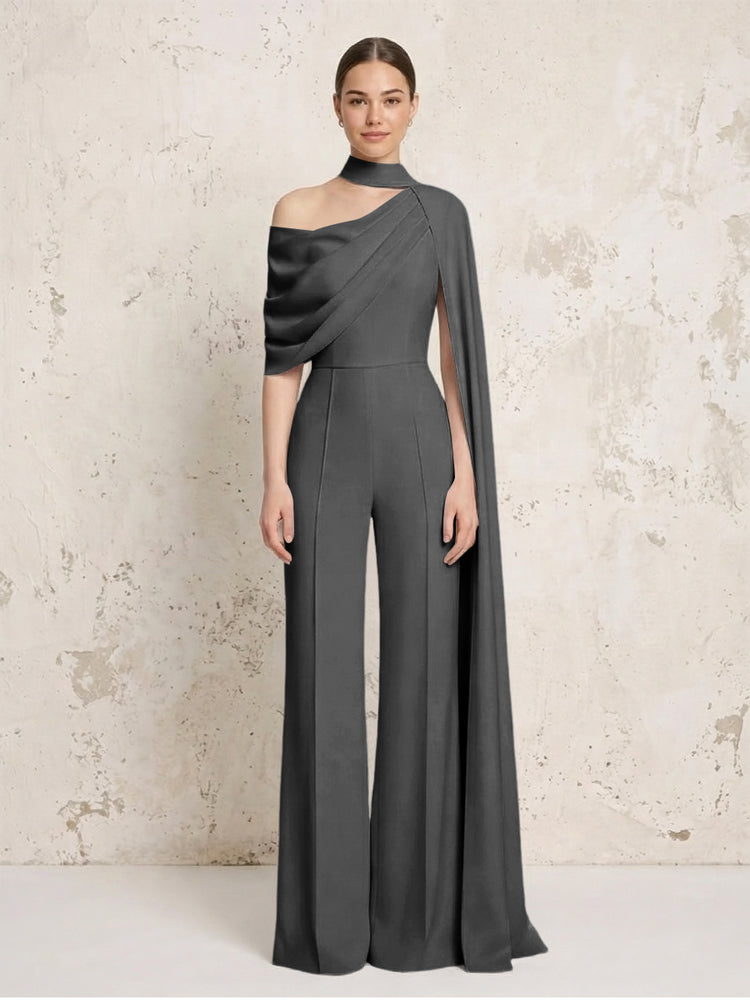 Satin Chiffon Jumpsuit Asymmetric Neck Long Evening Jumpsuit with Sash