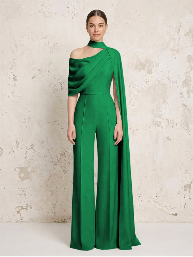 Satin Chiffon Jumpsuit Asymmetric Neck Long Evening Jumpsuit with Sash