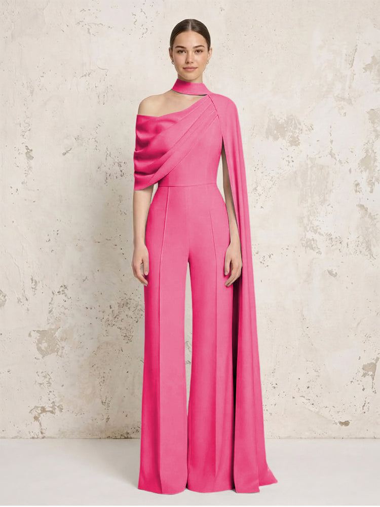 Satin Chiffon Jumpsuit Asymmetric Neck Long Evening Jumpsuit with Sash