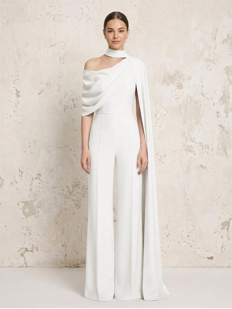 Satin Chiffon Jumpsuit Asymmetric Neck Long Evening Jumpsuit with Sash
