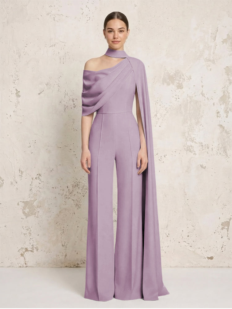 Satin Chiffon Jumpsuit Asymmetric Neck Long Evening Jumpsuit with Sash