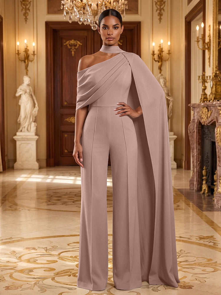 Satin Chiffon Jumpsuit Asymmetric Neck Long Evening Jumpsuit with Sash
