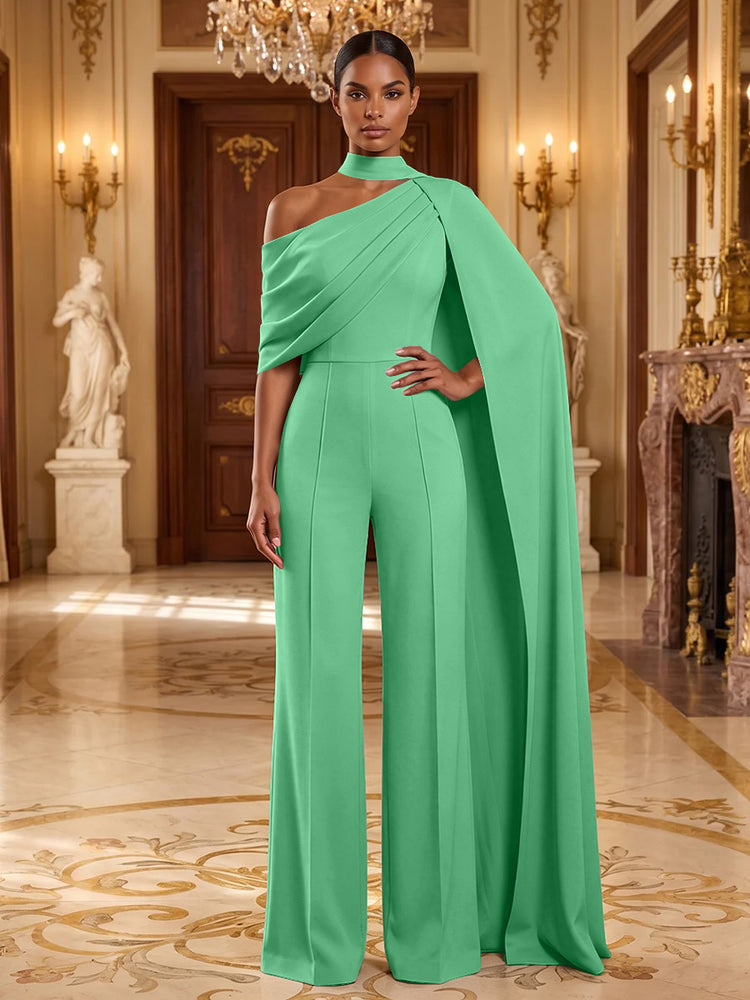 Satin Chiffon Jumpsuit Asymmetric Neck Long Evening Jumpsuit with Sash