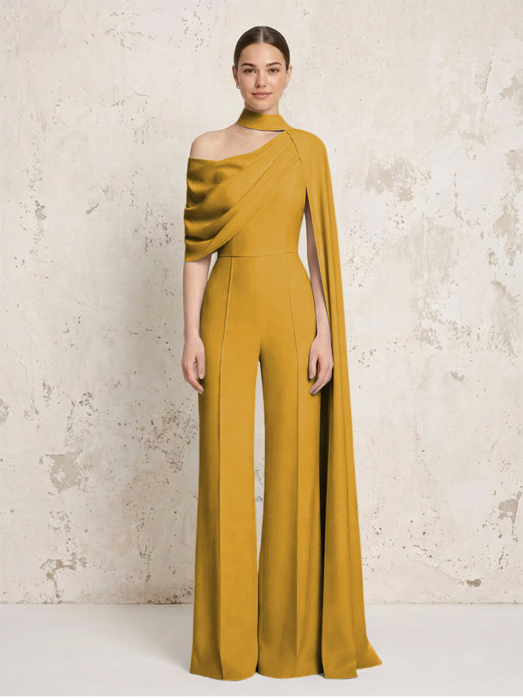 Satin Chiffon Jumpsuit Asymmetric Neck Long Evening Jumpsuit with Sash