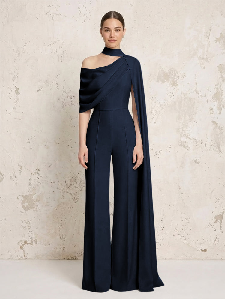 Satin Chiffon Jumpsuit Asymmetric Neck Long Evening Jumpsuit with Sash