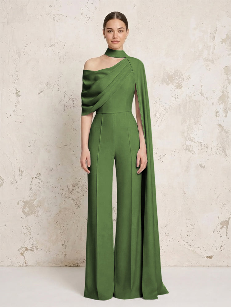 Satin Chiffon Jumpsuit Asymmetric Neck Long Evening Jumpsuit with Sash