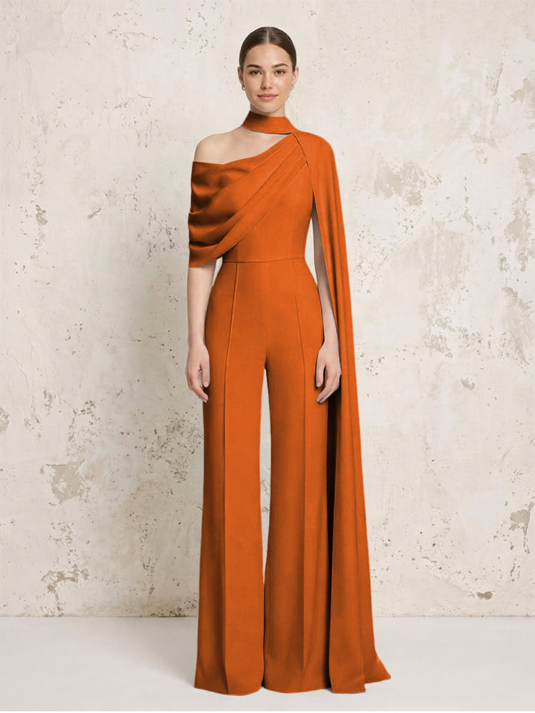 Satin Chiffon Jumpsuit Asymmetric Neck Long Evening Jumpsuit with Sash