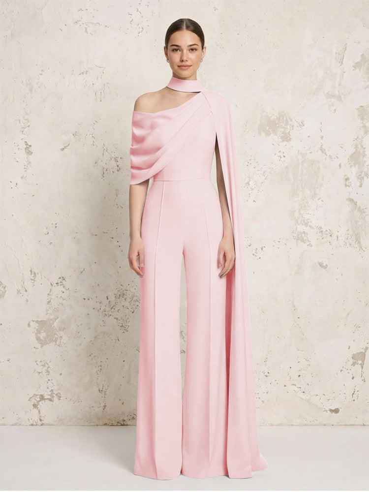 Satin Chiffon Jumpsuit Asymmetric Neck Long Evening Jumpsuit with Sash
