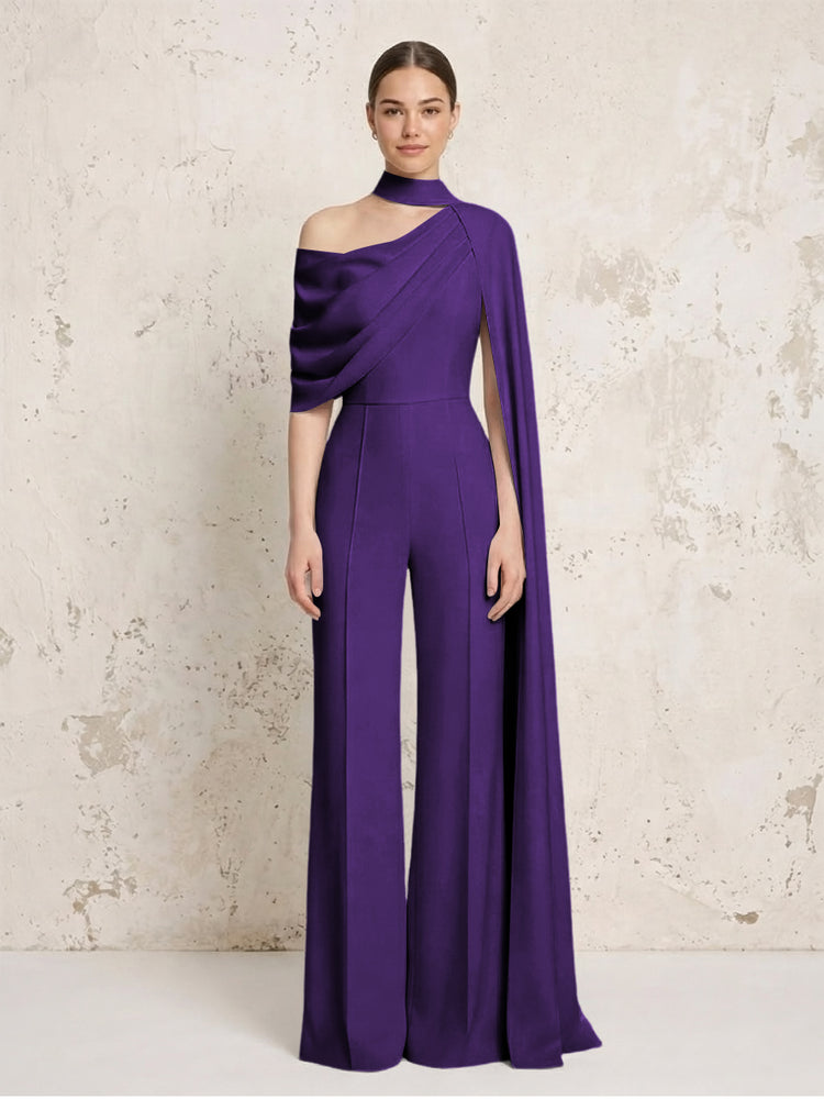 Satin Chiffon Jumpsuit Asymmetric Neck Long Evening Jumpsuit with Sash