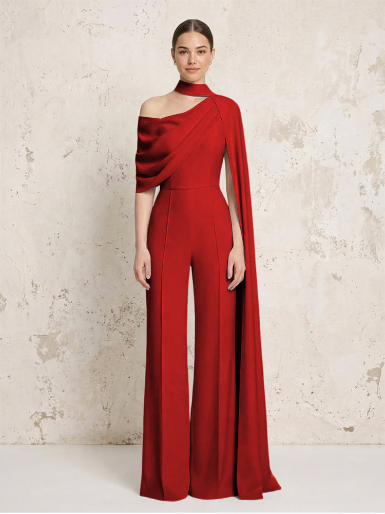 Satin Chiffon Jumpsuit Asymmetric Neck Long Evening Jumpsuit with Sash