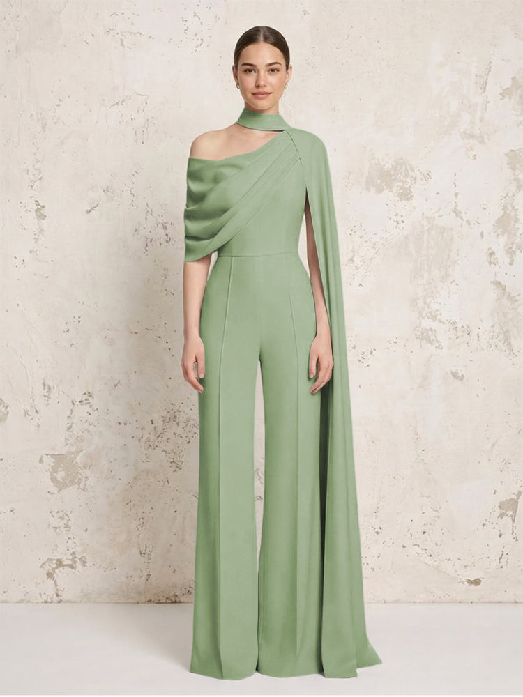 Satin Chiffon Jumpsuit Asymmetric Neck Long Evening Jumpsuit with Sash