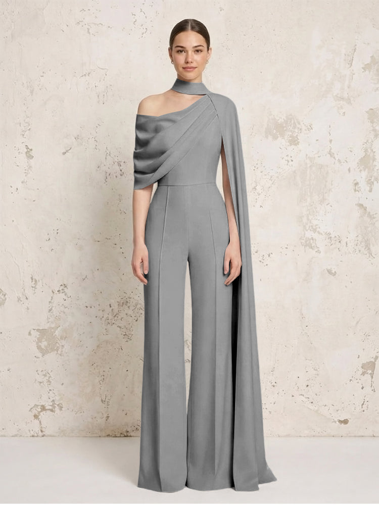 Satin Chiffon Jumpsuit Asymmetric Neck Long Evening Jumpsuit with Sash