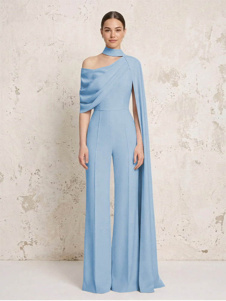 Satin Chiffon Jumpsuit Asymmetric Neck Long Evening Jumpsuit with Sash