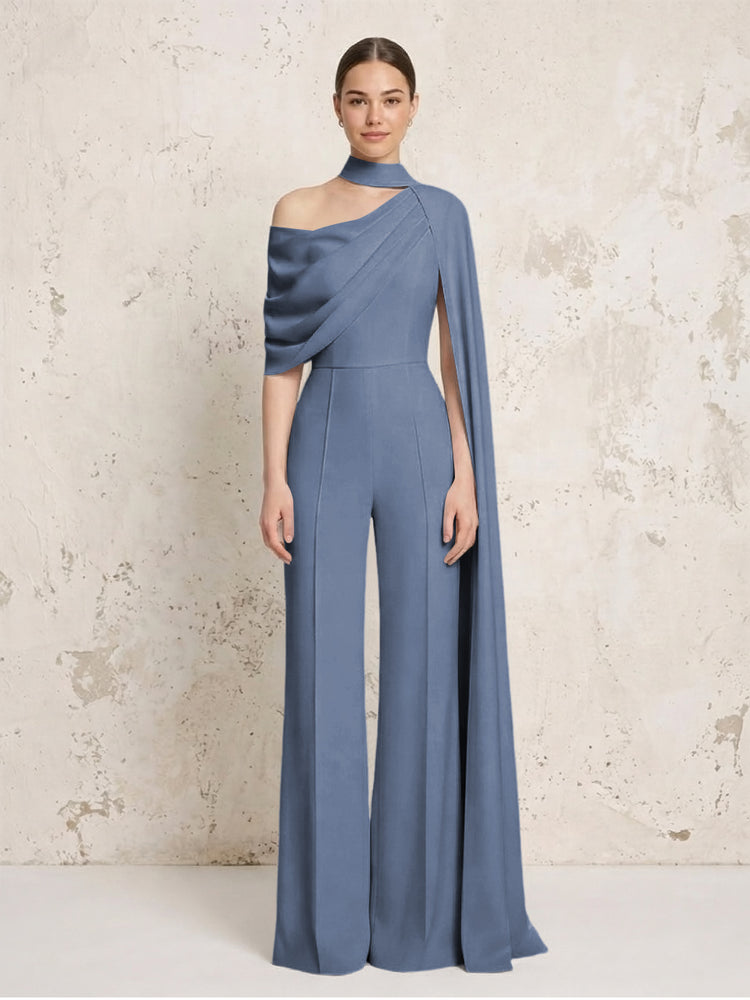 Satin Chiffon Jumpsuit Asymmetric Neck Long Evening Jumpsuit with Sash