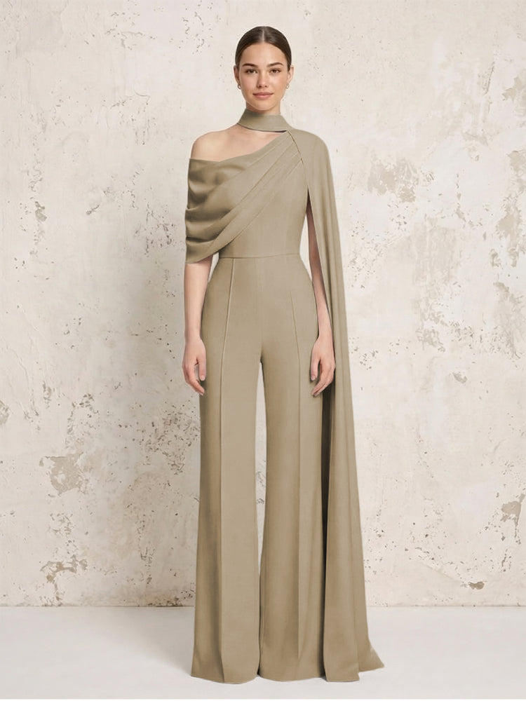 Satin Chiffon Jumpsuit Asymmetric Neck Long Evening Jumpsuit with Sash
