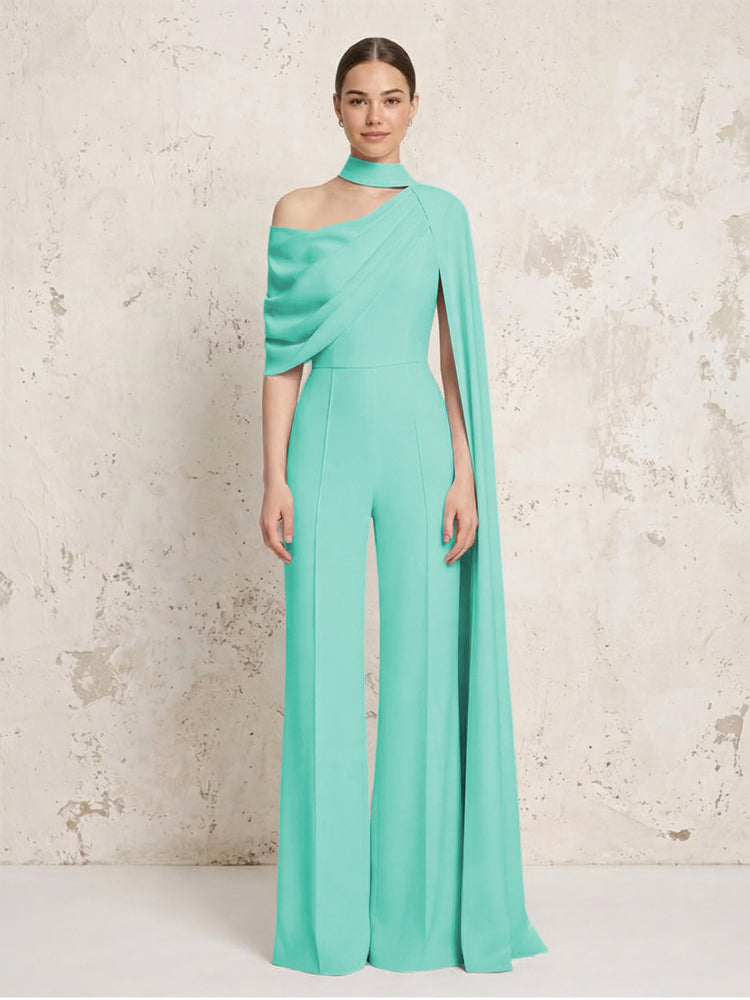 Satin Chiffon Jumpsuit Asymmetric Neck Long Evening Jumpsuit with Sash