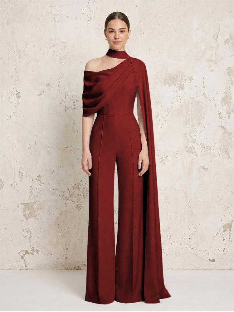 Satin Chiffon Jumpsuit Asymmetric Neck Long Evening Jumpsuit with Sash