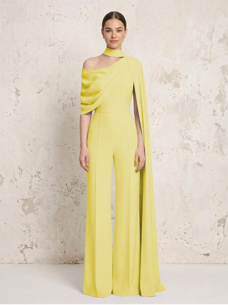 Satin Chiffon Jumpsuit Asymmetric Neck Long Evening Jumpsuit with Sash