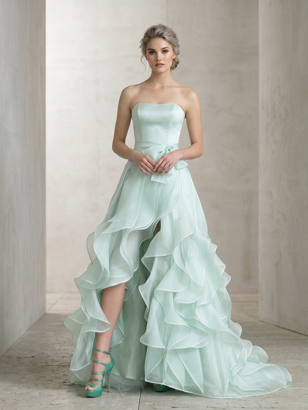 Organza A-Line Strapless Long Evening Dresses with Ruffles