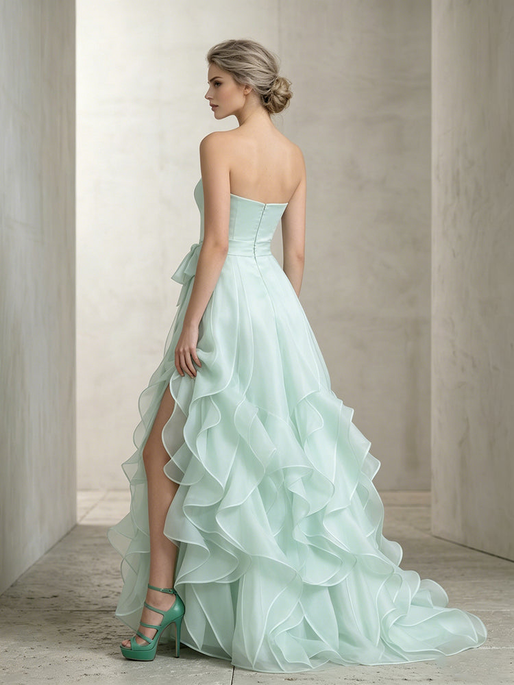 Organza A-Line Strapless Long Evening Dresses with Ruffles