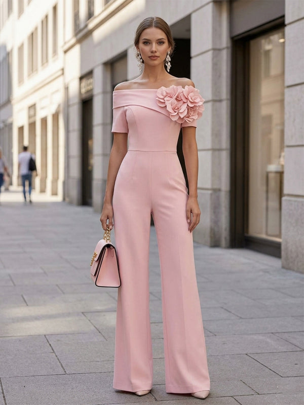 Jersey Off the Shoulder Long Evening Jumpsuit with 3D Flowers
