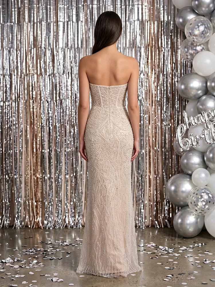 Tulle Mermaid Strapless Long Evening Dresses with Beads