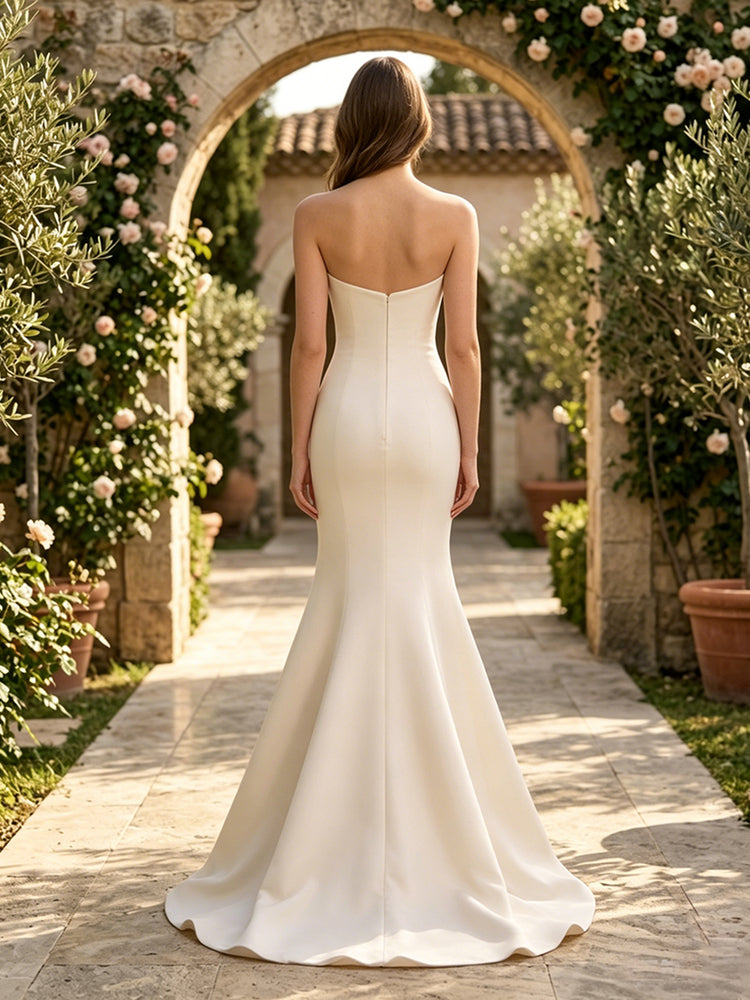 Satin Mermaid Strapless Long Evening Dresses with 3D Flowers