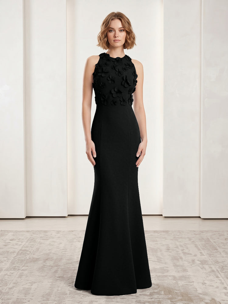Luxury Floral Appliques Halter Satin Mermaid Scoop Neck Long Evening Dresses with 3D Flowers