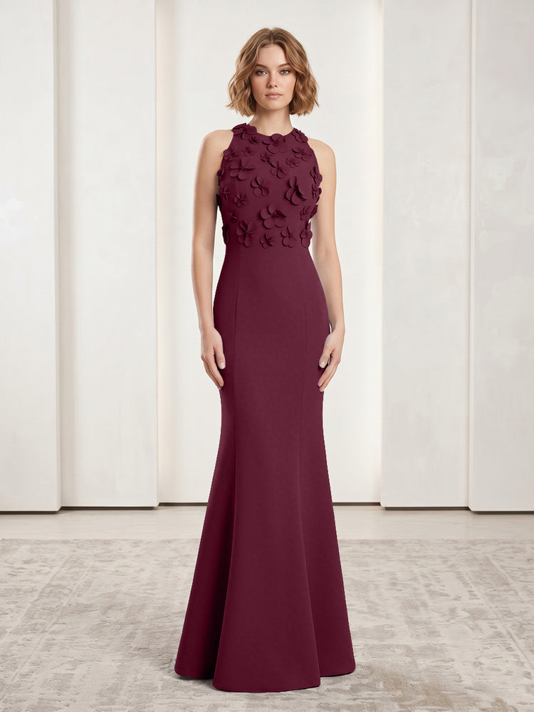 Luxury Floral Appliques Halter Satin Mermaid Scoop Neck Long Evening Dresses with 3D Flowers