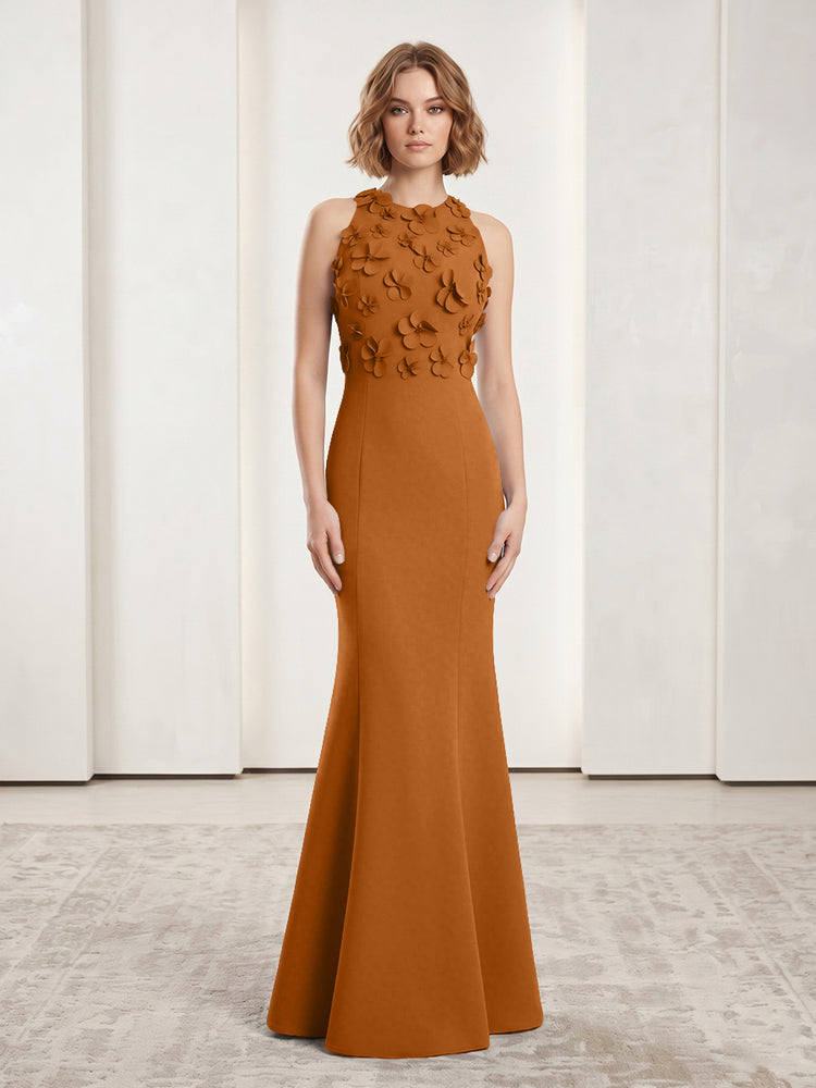 Luxury Floral Appliques Halter Satin Mermaid Scoop Neck Long Evening Dresses with 3D Flowers