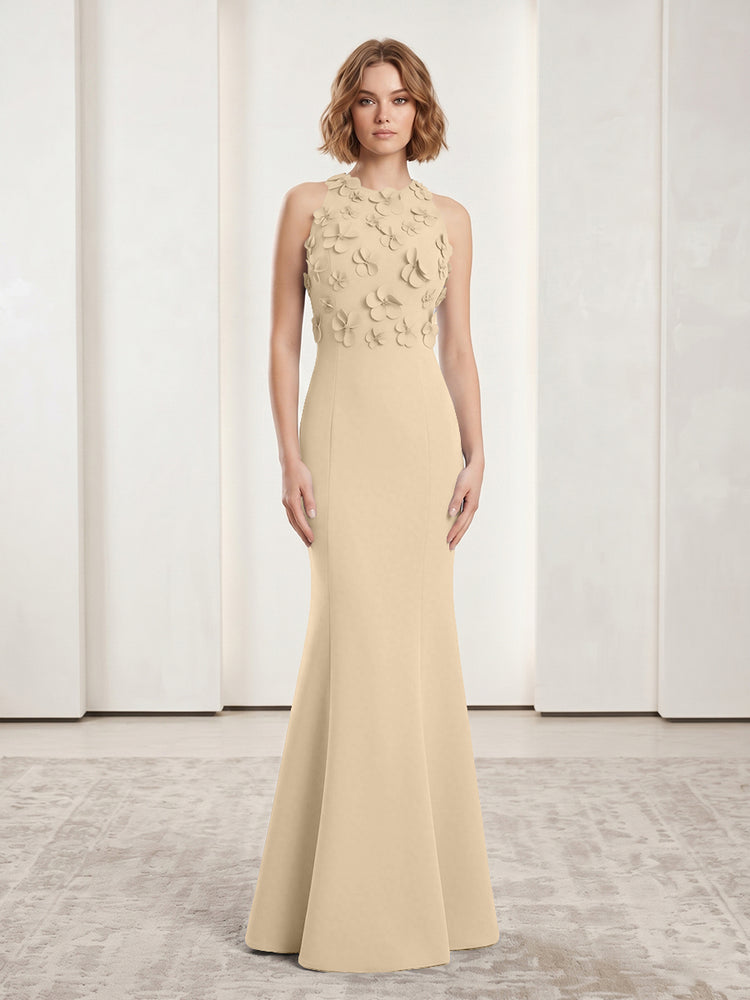 Luxury Floral Appliques Halter Satin Mermaid Scoop Neck Long Evening Dresses with 3D Flowers
