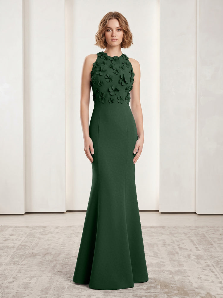 Luxury Floral Appliques Halter Satin Mermaid Scoop Neck Long Evening Dresses with 3D Flowers