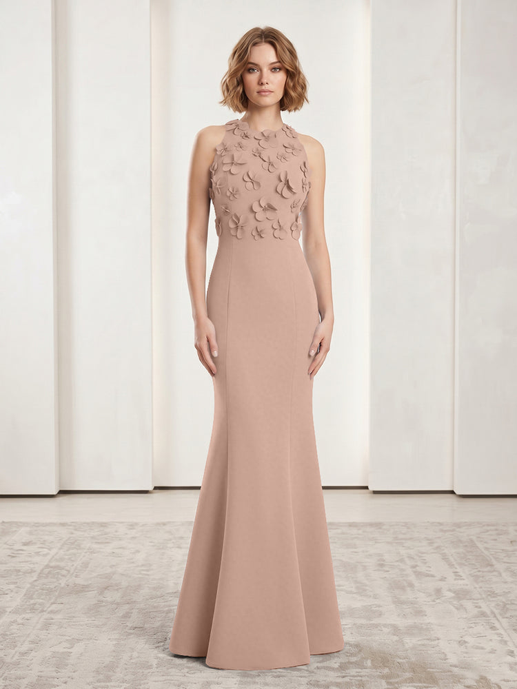 Luxury Floral Appliques Halter Satin Mermaid Scoop Neck Long Evening Dresses with 3D Flowers