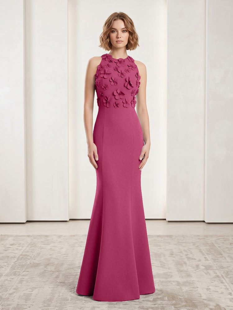 Luxury Floral Appliques Halter Satin Mermaid Scoop Neck Long Evening Dresses with 3D Flowers