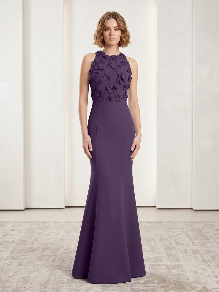 Luxury Floral Appliques Halter Satin Mermaid Scoop Neck Long Evening Dresses with 3D Flowers
