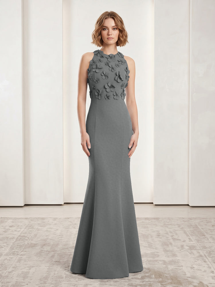 Luxury Floral Appliques Halter Satin Mermaid Scoop Neck Long Evening Dresses with 3D Flowers