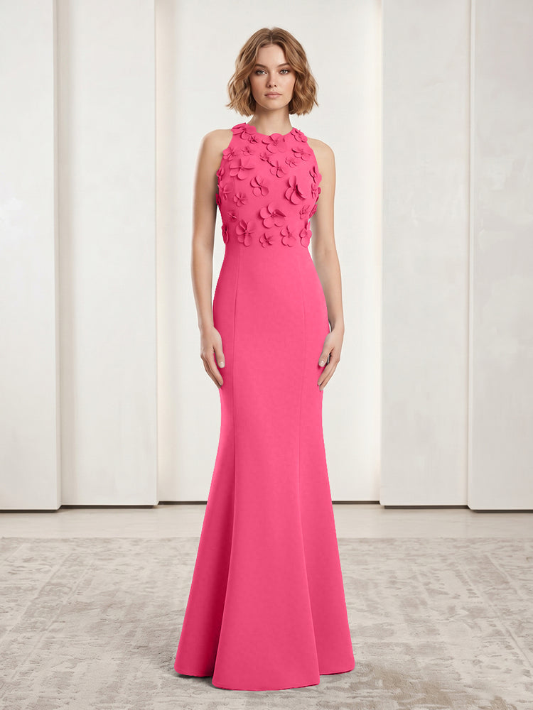 Luxury Floral Appliques Halter Satin Mermaid Scoop Neck Long Evening Dresses with 3D Flowers