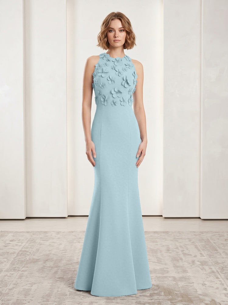 Luxury Floral Appliques Halter Satin Mermaid Scoop Neck Long Evening Dresses with 3D Flowers