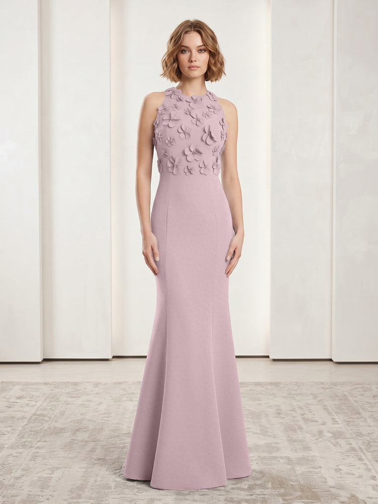 Luxury Floral Appliques Halter Satin Mermaid Scoop Neck Long Evening Dresses with 3D Flowers