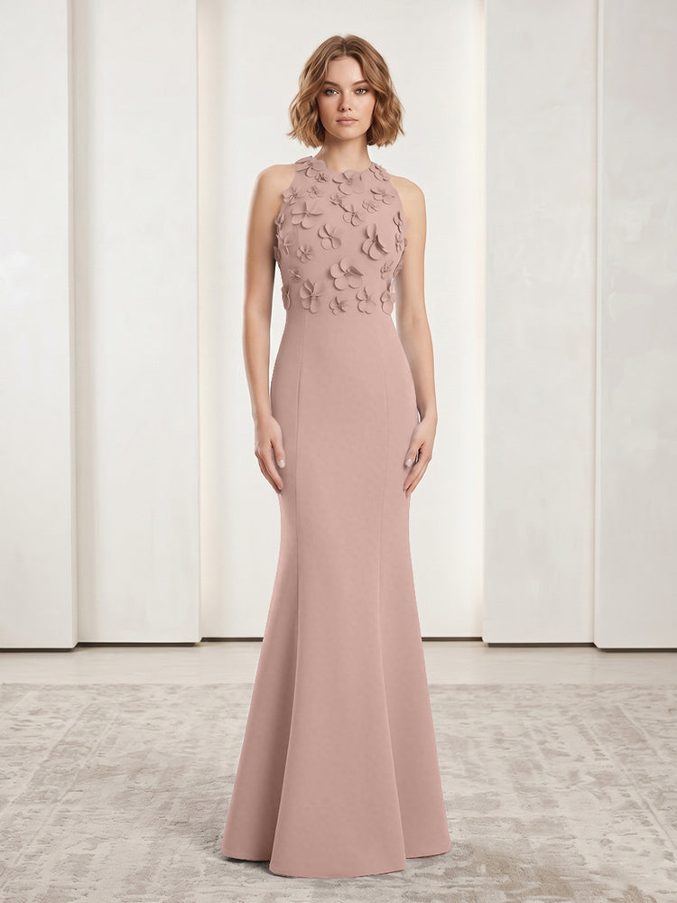 Luxury Floral Appliques Halter Satin Mermaid Scoop Neck Long Evening Dresses with 3D Flowers