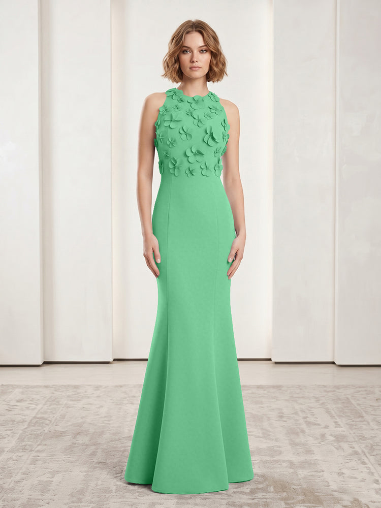Luxury Floral Appliques Halter Satin Mermaid Scoop Neck Long Evening Dresses with 3D Flowers