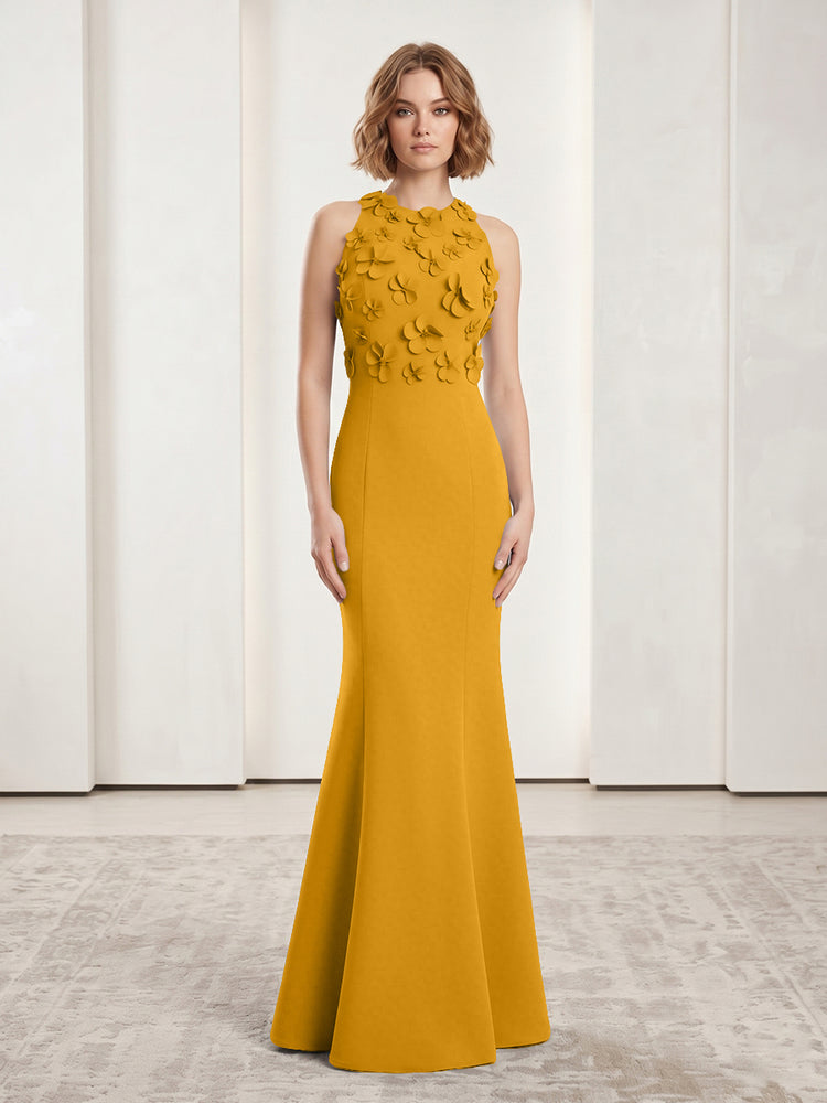 Luxury Floral Appliques Halter Satin Mermaid Scoop Neck Long Evening Dresses with 3D Flowers