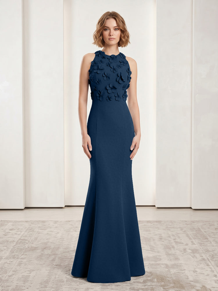 Luxury Floral Appliques Halter Satin Mermaid Scoop Neck Long Evening Dresses with 3D Flowers