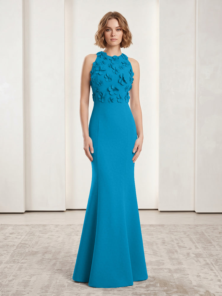 Luxury Floral Appliques Halter Satin Mermaid Scoop Neck Long Evening Dresses with 3D Flowers