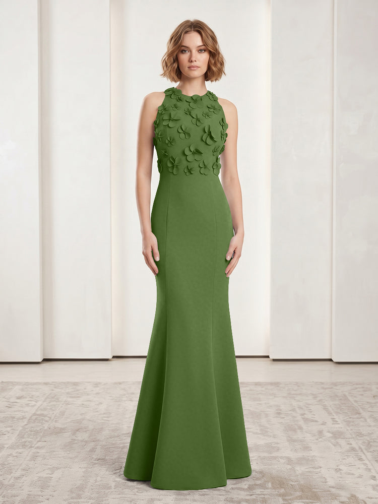 Luxury Floral Appliques Halter Satin Mermaid Scoop Neck Long Evening Dresses with 3D Flowers